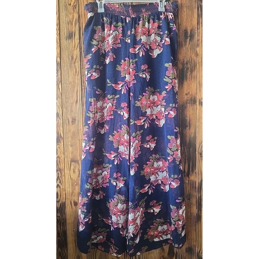 Anthropologie Elevenses Fire-Lily Wide-Leg Palazzo Pants Blue Floral Womens Med.